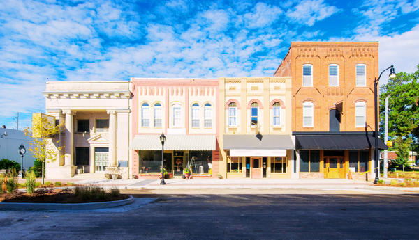 Historic main street storefronts in a small town business district